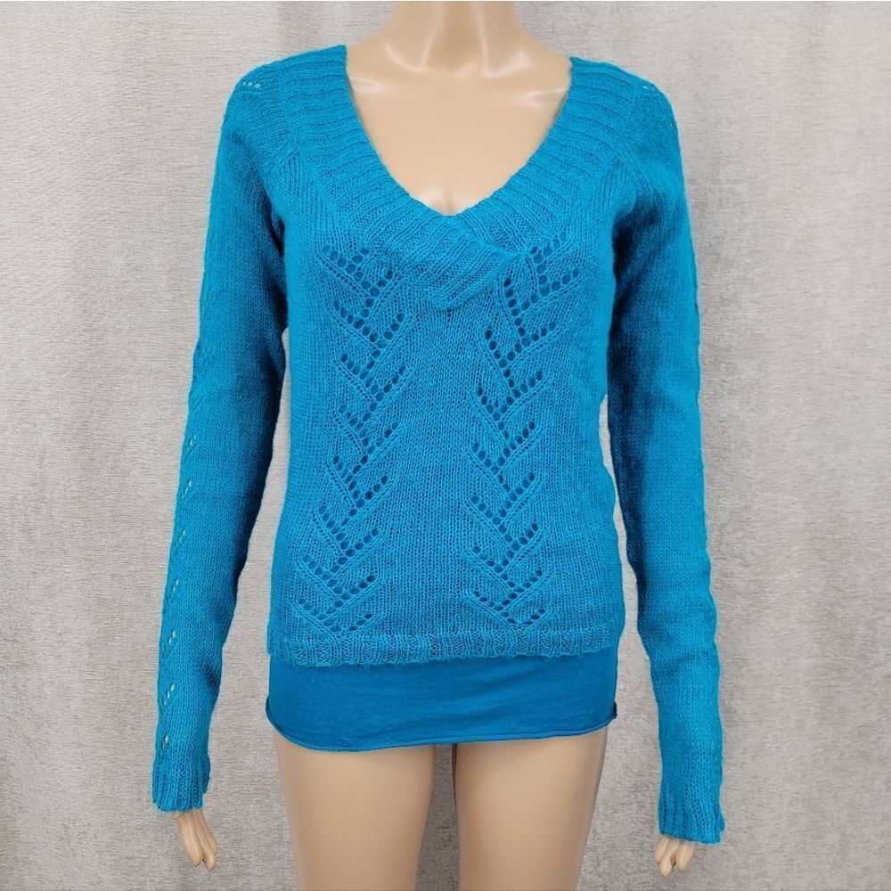 Y2K Mohair Blend Pointelle Knit Women's Blue V-Neck Sweater